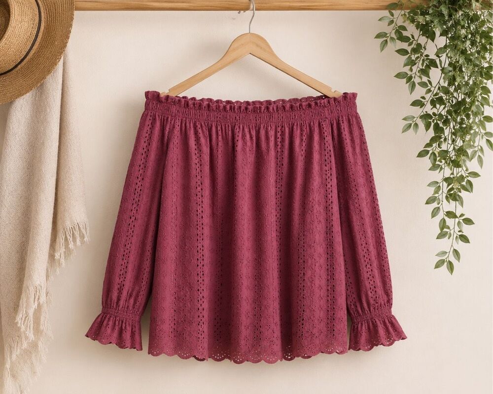 NWT Lane Bryant Eyelet Off Shoulder Blouse Size 18/20 Mauve Pink Cotton Boho Top
